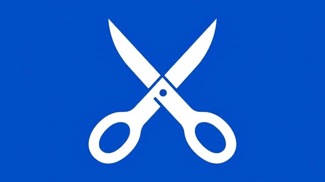Creative animated transition sequence of a white clenched fist transforming into two rectangles and then scissors over a blue background