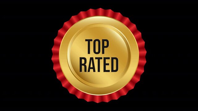 Animated Shiny Gold and Red Rosette Ribbon Top Rated Badge Looping Motion Graphic on Transparent Background