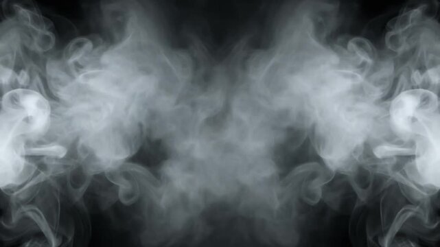 Symmetrical white smoke and vapor clouds swirling on a black background. Mirrored abstract steam patterns rising slowly. Cinematic atmospheric mist for video production and overlays.