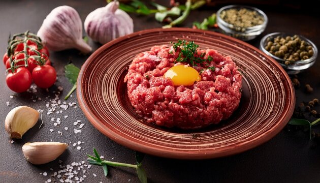 raw steak tartare finely minced with herbs and spices presented on a rustic plate surrounded by garlic and fresh ingredients