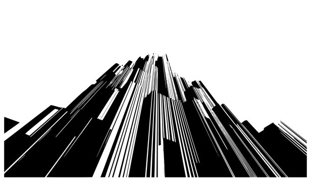 Abstract low-angle vector illustration of futuristic city skyscrapers in black and white stripes. Minimalist geometric architecture graphic isolated on a clean white background.