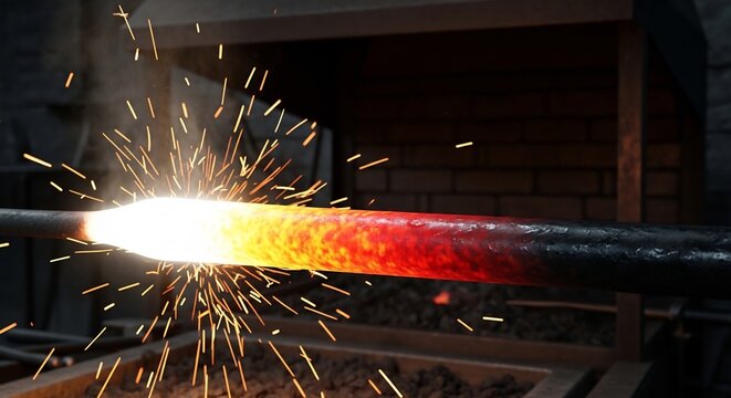 Close-up of a glowing hot metal rod being forged with sparks flying.
