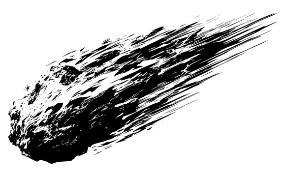 Abstract textured black silhouette of a plummeting asteroid or meteor with a fast motion blur trail. Minimalist cosmic graphic element isolated on a clean white background for design.