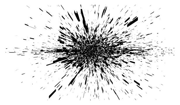 Abstract dynamic black ink explosion with high-velocity linear splatter streaks shooting outwards. Minimalist powerful burst graphic element isolated on a clean white background for design.