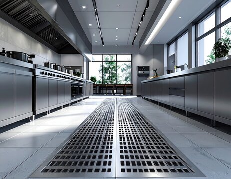 Sleek stainless steel industrial kitchen with windows