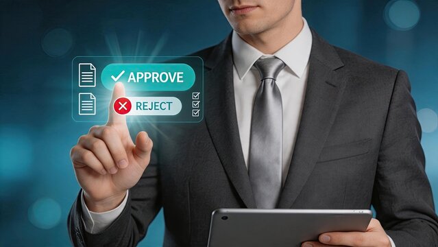 Man in suit pressing approve button on virtual interface screen, making critical business decision to accept or reject proposal, authorization and verification process in