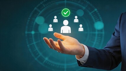 Fototapeta premium Hand holding holographic user verification icon, identity confirmation concept, customer validation system, secure login technology, digital authentication process, network