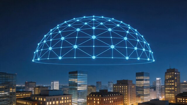 Futuristic digital dome network covering city skyline, smart city infrastructure concept, global connectivity grid, urban technology protection shield, internet of things