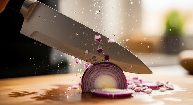 Chef knife chopping red onion