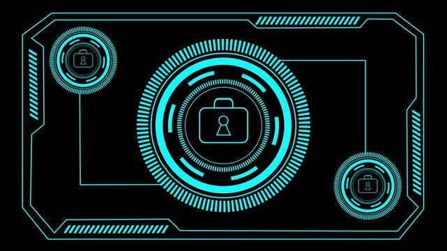 Abstract digital display with evolving blue lines and circles, futuristic hud element showcasing data processing and secure access icons within dynamic technological interface motion footage.