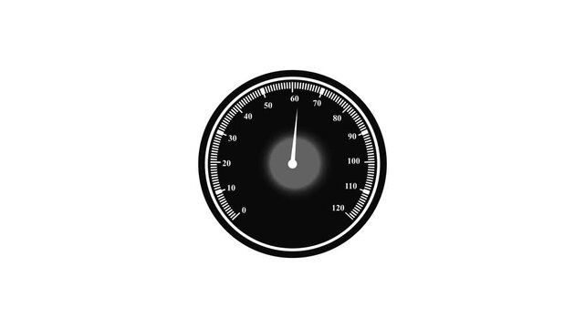 Speedometer accelerating from zero to one hundred twenty kilometers per hour and then decelerating, showing dynamic vehicle performance measurement on isolated white background