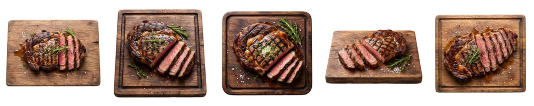 Grilled Steak Collection: Premium Sliced Beef Steaks with Herbs on Rustic Wooden Boards Isolated on White Background for Culinary and Restaurant Marketing