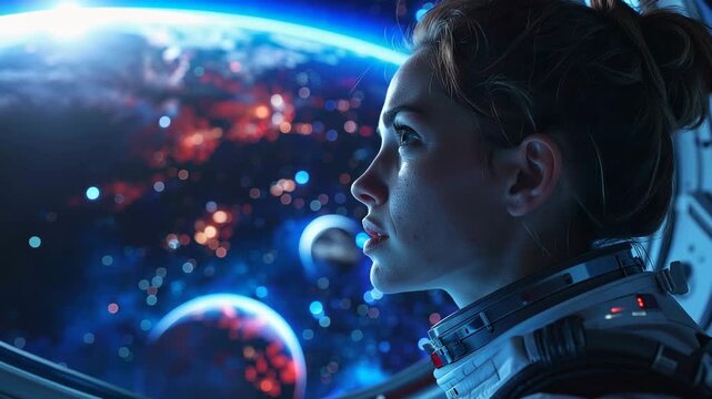 Stargazer's Gaze: A young astronaut contemplates the vast expanse of the cosmos, with a breathtaking view of Earth and distant nebulae filling the window of her spacecraft.