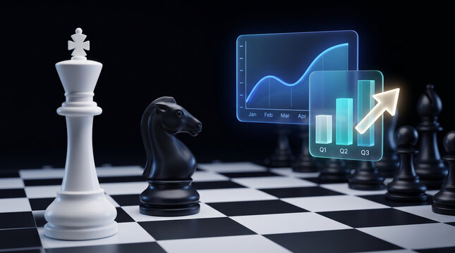 Chess pieces on board with holographic growth charts analyzing strategic business performance