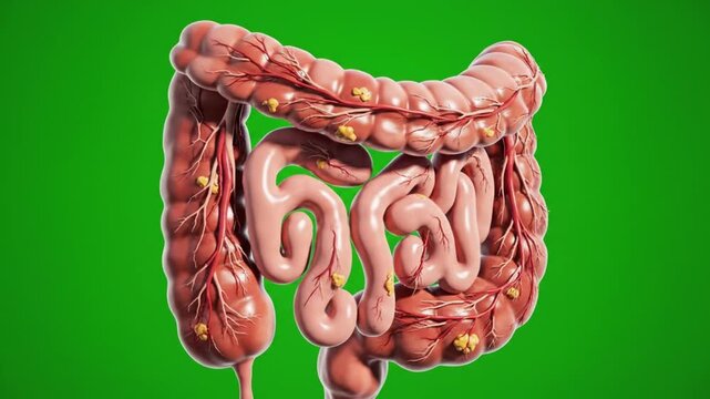 Human Digestive System 3D Model of Large and Small Intestines on Green Screen