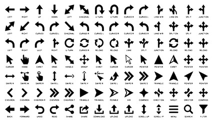 Fototapeta premium Black and White Arrow Icon Vector Sheet with Navigation and UI Symbols