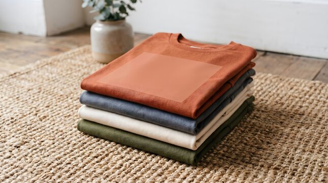 Stack of Folded T shirts in Earthy Tones on Jute Rug