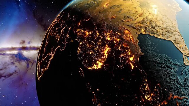 Earth at Night with Galactic Swirl: A breathtaking view of Earth at night, illuminated by the warm glow of city lights, with a vibrant galactic swirl of nebulae and stars in the background.