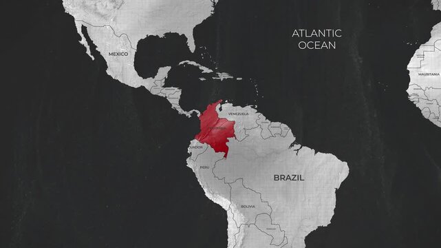 Detailed geopolitical world map highlighting the nation of Colombia colored bright red for visual emphasis and clarity