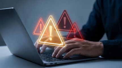 Obraz premium Warning alert triangle icons glowing over laptop keyboard representing system error notification