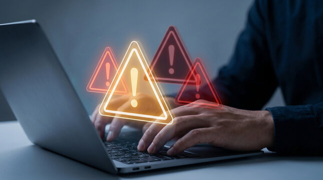 Warning alert triangle icons glowing over laptop keyboard representing system error notification