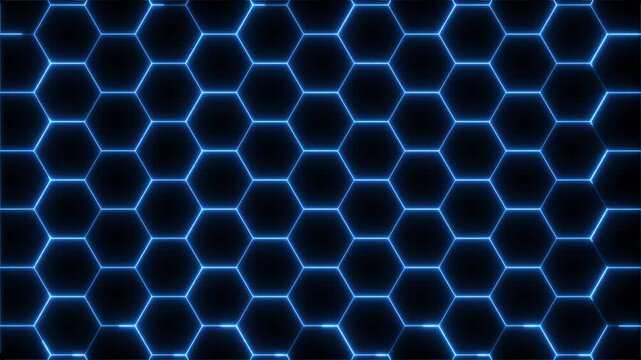 Blue neon hexagon grid motion background, digital technology abstract pattern
