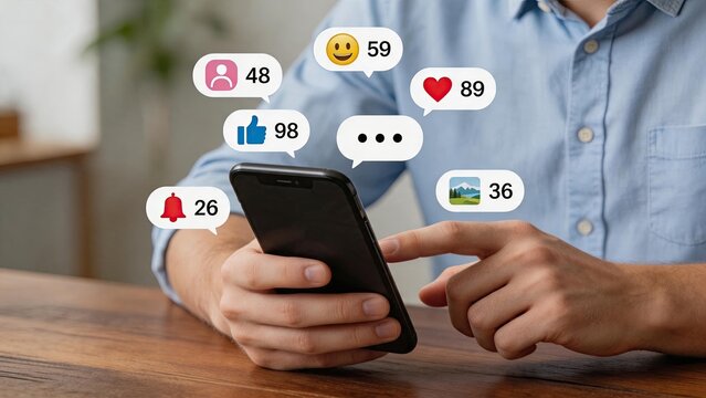Man using smartphone with social media icons, likes, comments and notifications, digital communication concept