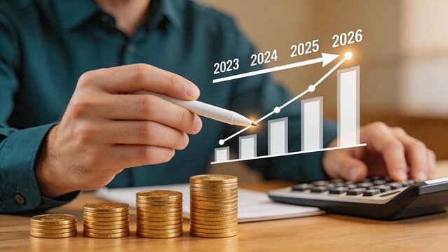 Businessman analyzing financial growth chart with rising arrow from 2023 to 2026, stacks of gold coins, calculator, investment planning, economic profit increase, wealth