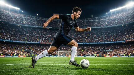 Naklejka premium Dynamic Male Soccer Player Dribbling Ball on Illuminated Stadium Field During Intense Night Match with Cheering Crowd