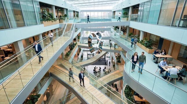 Campus de bureaux moderne avec atrium lumineux et architecture d&rsquo;entreprise contemporaine