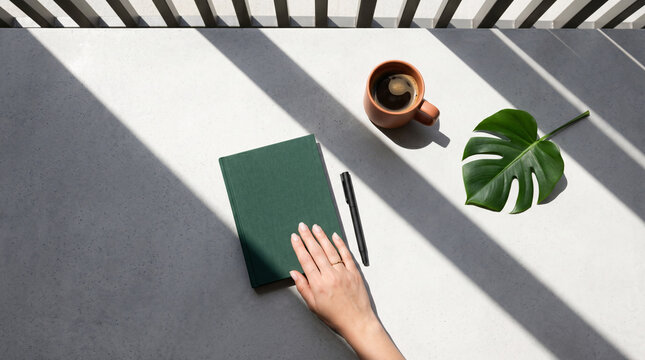 Carnet vert minimaliste avec tasse de caf&eacute; dans un espace de travail &eacute;pur&eacute;