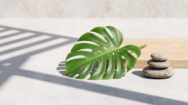Feuille de monstera verte sur fond clair dans un style botanique minimaliste