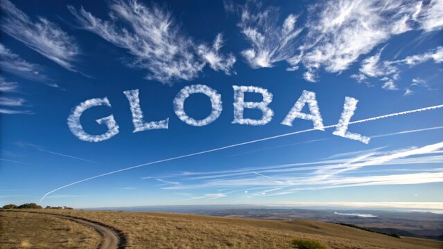 Beautiful blue sky with fluffy clouds forming the word GLOBAL, set over picturesque landscape and peaceful horizons, ideal for travel themes and global awareness campaigns.