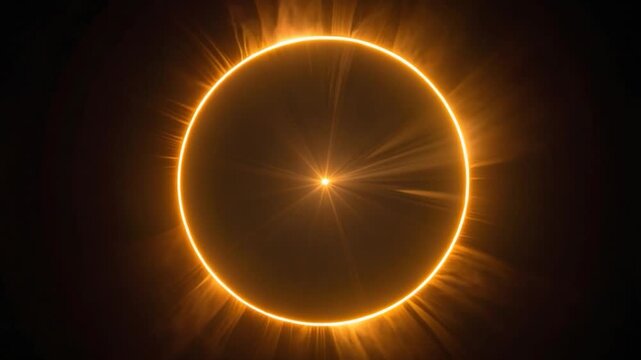 An orange ring around a dark center with light rays, suggestive of a solar eclipse