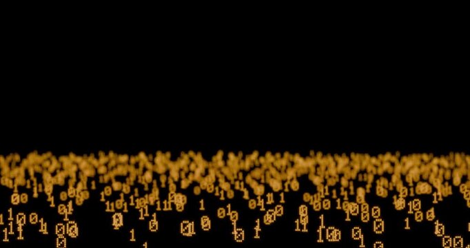 空間に浮遊し立体的に点滅するオレンジ色のデジタル数字とバイナリコードの背景素材

