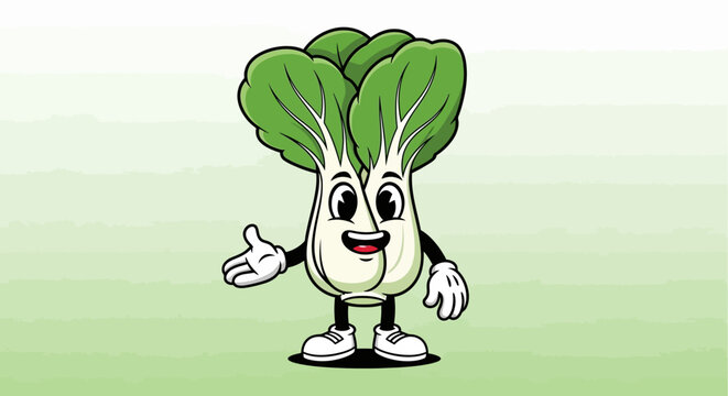 Happy Bok Choy Character Presenting, Healthy Food Mascot Cartoon Illustration
