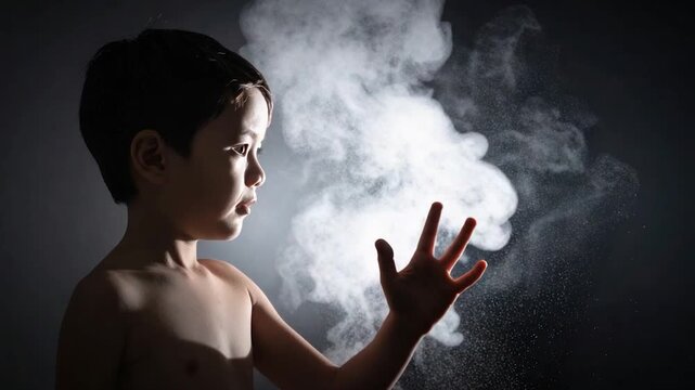 A child's profile reaches towards a cloud of smoke against a dark backdrop