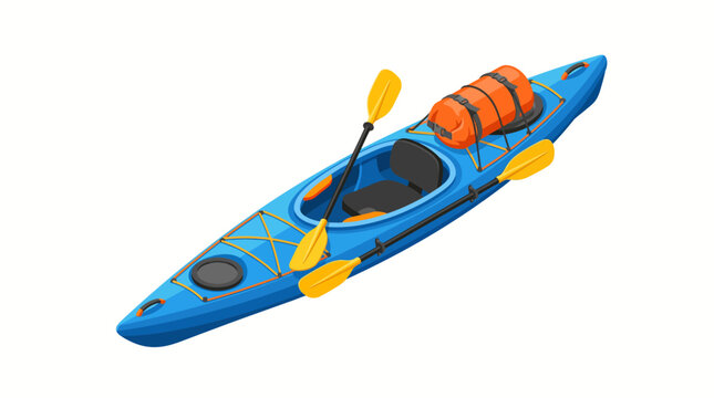 Vibrant blue kayak with bright yellow paddles and an orange dry bag, perfectly equipped for an exciting water adventure and enjoyable outdoor exploration on a beautiful summer day