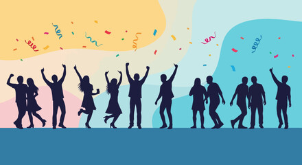 Obraz premium Group of People Celebrating with Confetti Silhouette Illustration