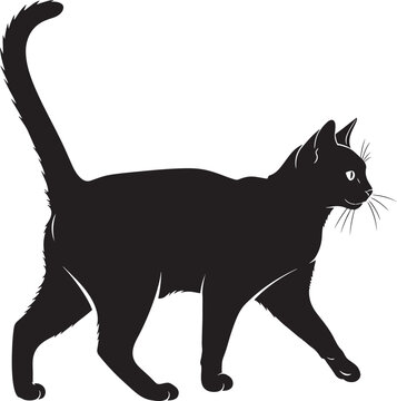 sleek black silhouette of a cat standing on hind legs with arched back and raised tail in profile view