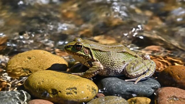 Close-up of a green frog resting on rocks beside flowing water in natural daylight, wildlife nature scene