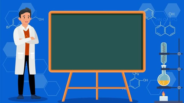 Science Teacher and Blackboard: A cartoon scientist stands next to a blackboard in a classroom setting, surrounded by chemical formulas and lab equipment, ready to impart knowledge.