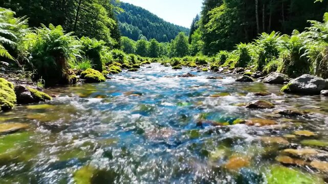 Scenic flowing river winding through lush green forest with sunlit water and rocky riverbed