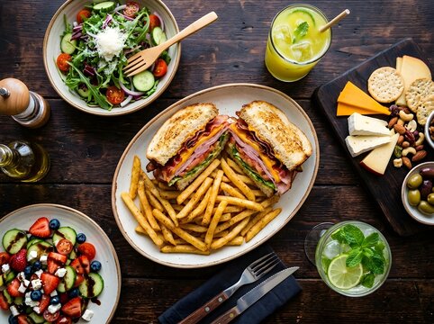 Gourmet Sandwich Plate Served with Golden French Fries and Fresh Vibrant Summer Salads