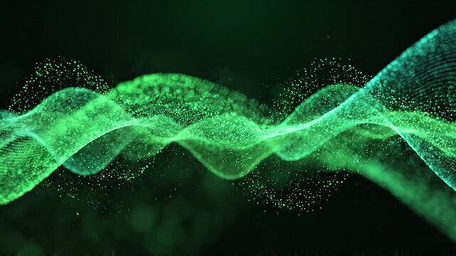 Amazing green light display forming dynamic flowing wave patterns across a dark futuristic environment.