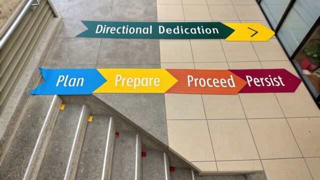 Directional Dedication with Colorful Roadmap Signage Illustrating Four Steps: Plan, Prepare, Proceed, and Persist on a Modern Staircase