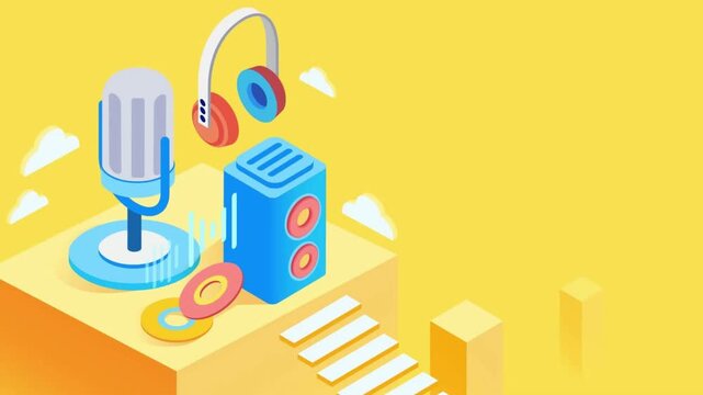 Podcast Essentials: A vibrant isometric illustration featuring a retro-style microphone, a modern speaker, headphones, and vinyl records.