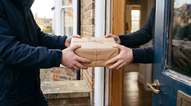 Delivery Person Handing Over a Brown Paper Package at a Residential Doorstep