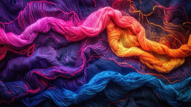 Colorful, abstract textile with swirls of yarn in a rich palette