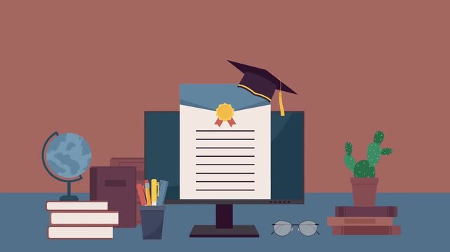 Graduation Ceremony Setup: A digital diploma sits displayed on a computer monitor, adorned with a graduation cap, symbolizing academic achievement. Surrounded by books, a globe, and study essentials.